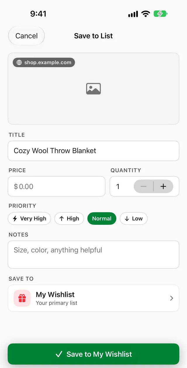 The Save to List form with title, price, quantity, priority, notes, and the primary list preselected