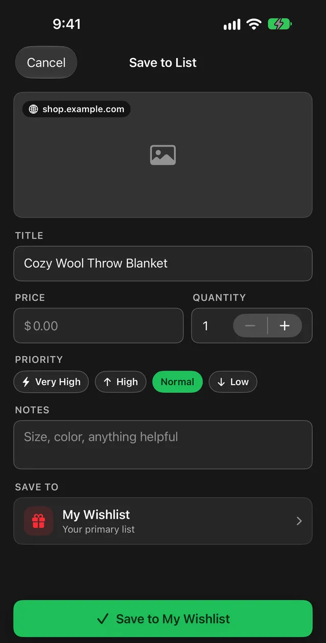 The Save to List form with title, price, quantity, priority, notes, and the primary list preselected