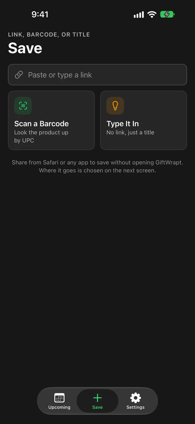The Save tab with a link field above Scan a Barcode and Type It In