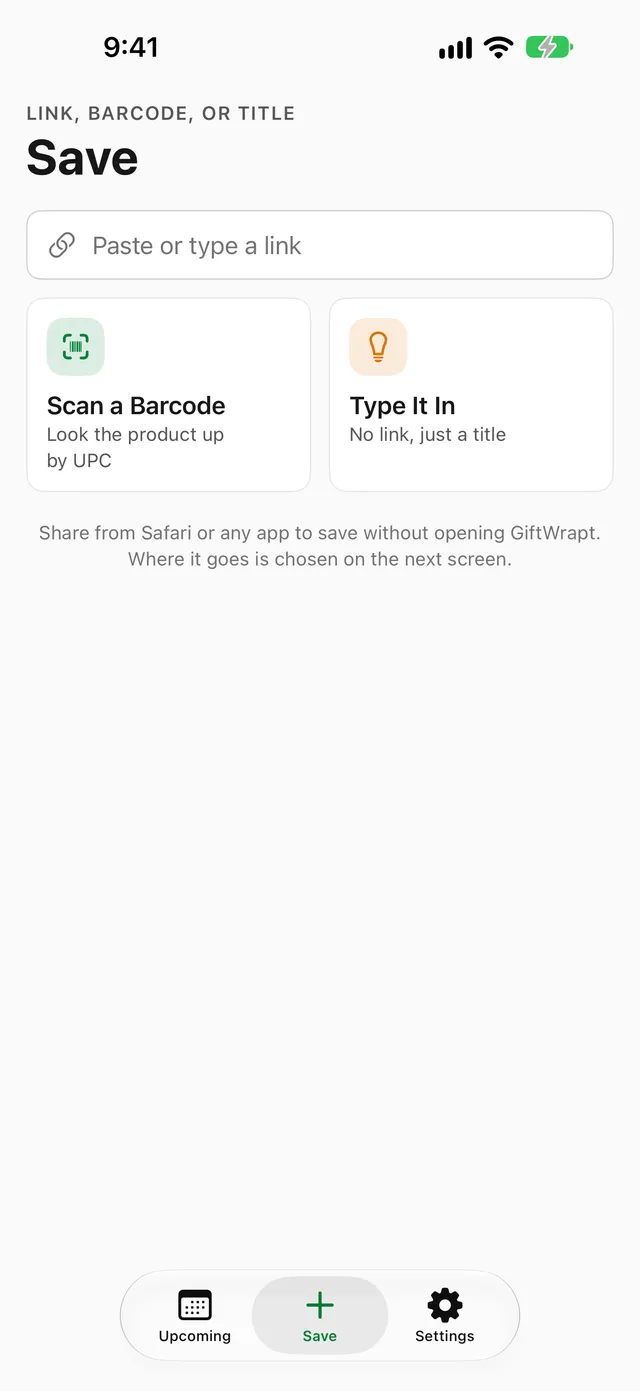 The Save tab with a link field above Scan a Barcode and Type It In