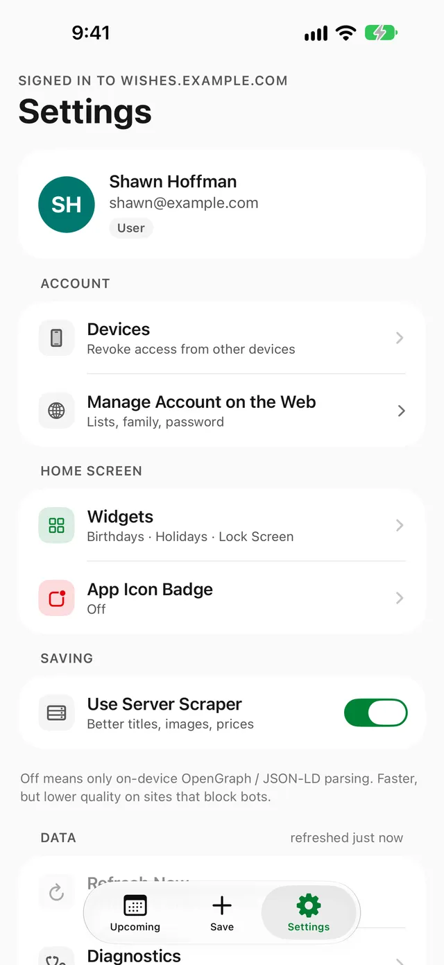 Settings with Devices, Widgets, and App Icon Badge rows