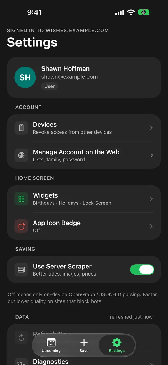 Settings with Devices, Widgets, and App Icon Badge rows
