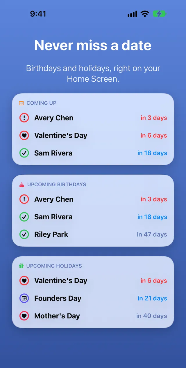 The Coming Up, Upcoming Birthdays, and Upcoming Holidays widgets