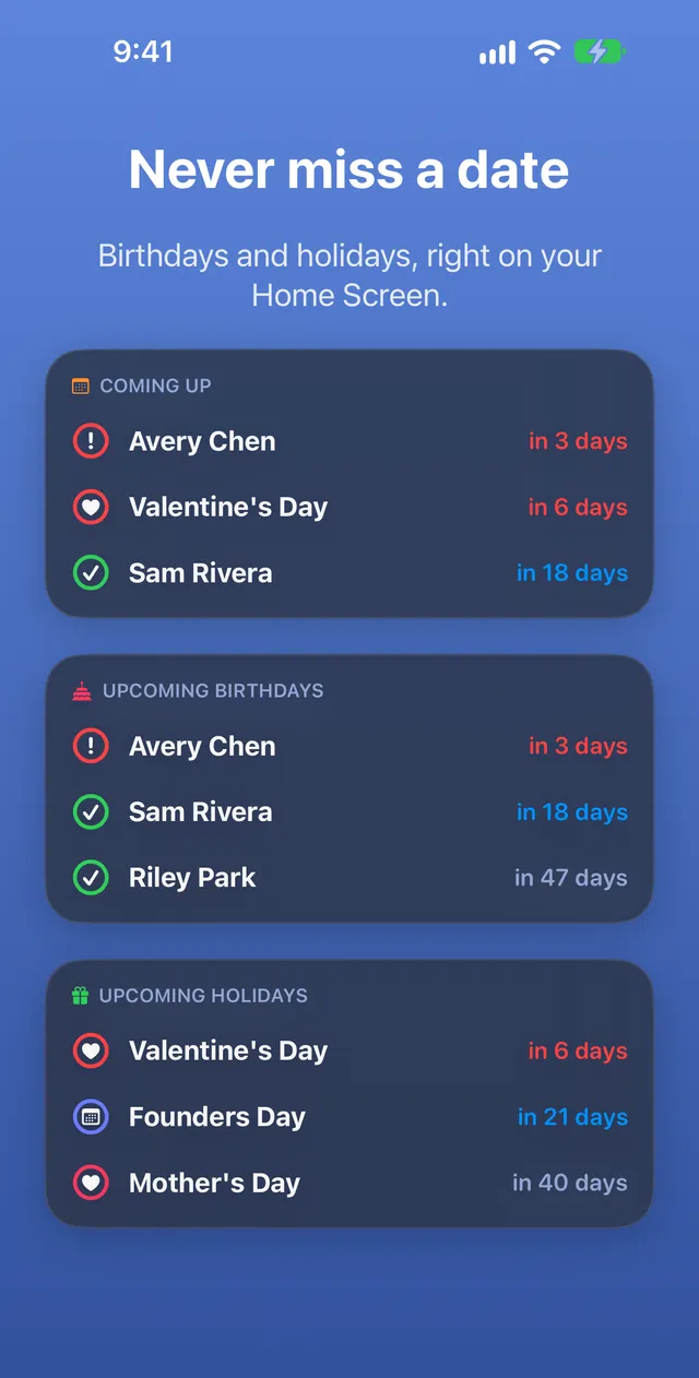 The Coming Up, Upcoming Birthdays, and Upcoming Holidays widgets